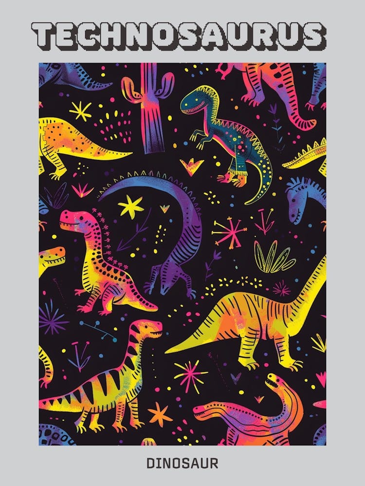 Dinosaur Neon Pattern Black Background Poster
