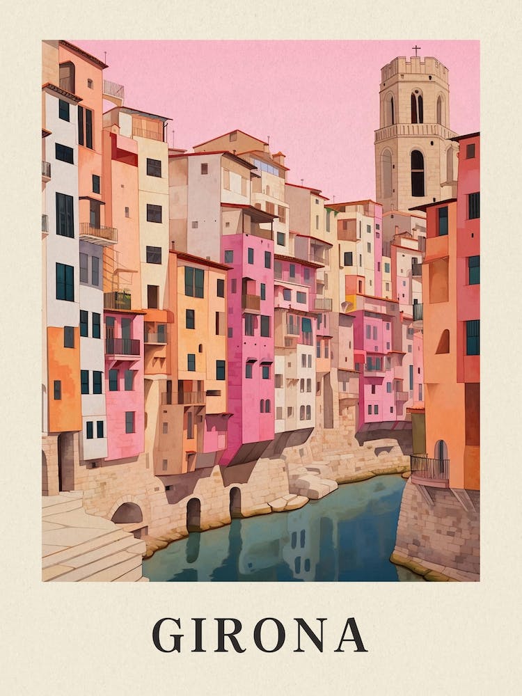 Girona Spanien 4 Vintage Rosa Reiseillustration Poster