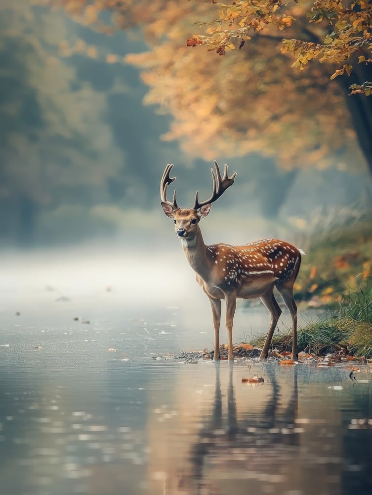 Deer Standing In The Water. Generated AI.