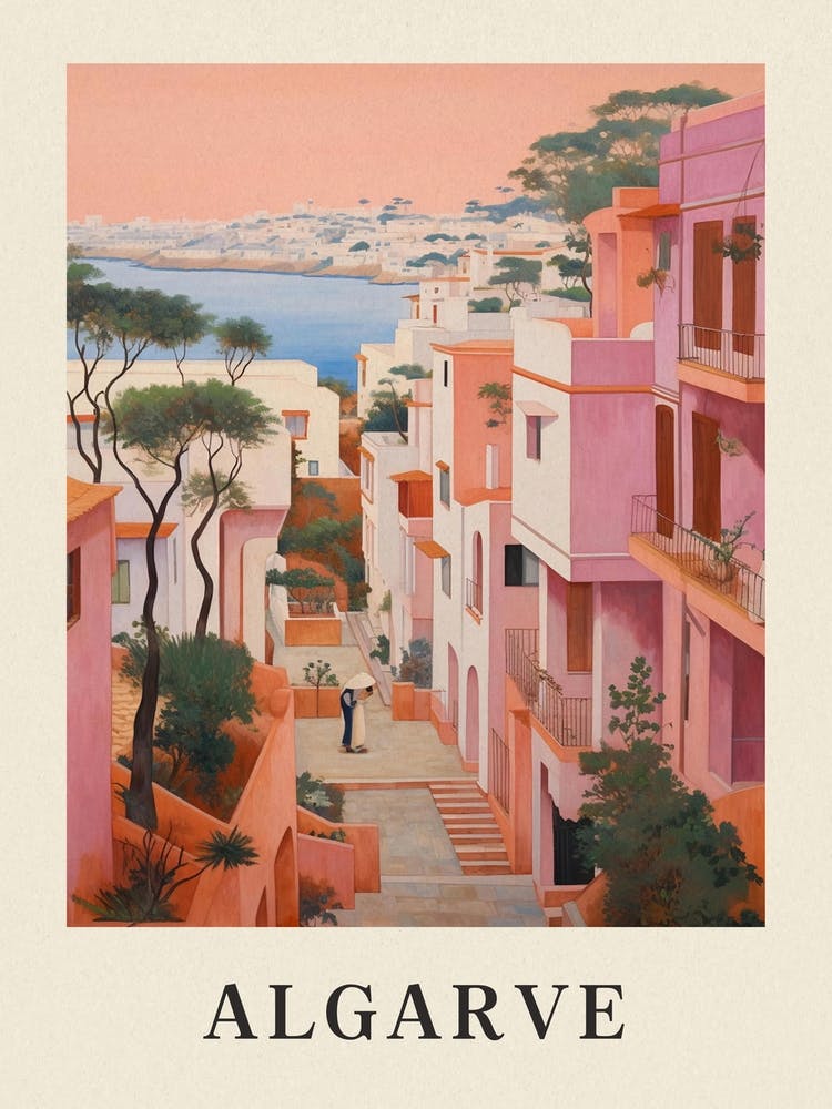 Algarve Portugal 3 Vintage Pink Travel Illustration Poster