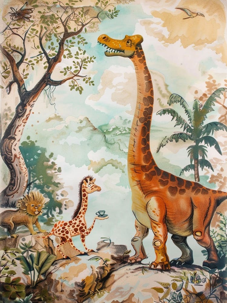 Vintage Dinosaur Tea Party Storybook Painting