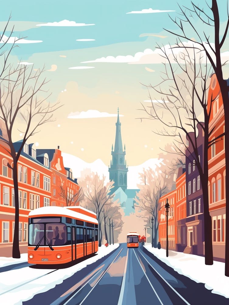 Vintage Winter Travel Illustration Copenhagen Denmark 1
