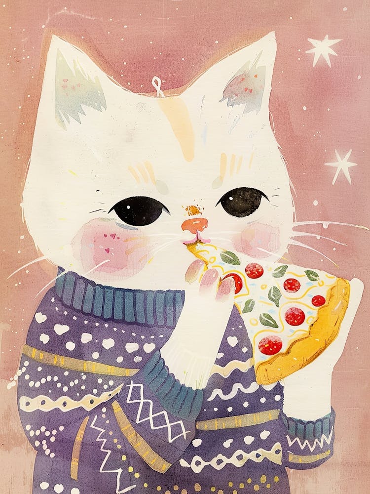 Cute White Cat Eating Pizza Folk Illustration 1