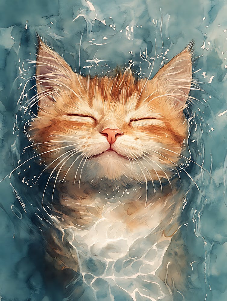 Happy Orange Cat Floating on Water 1