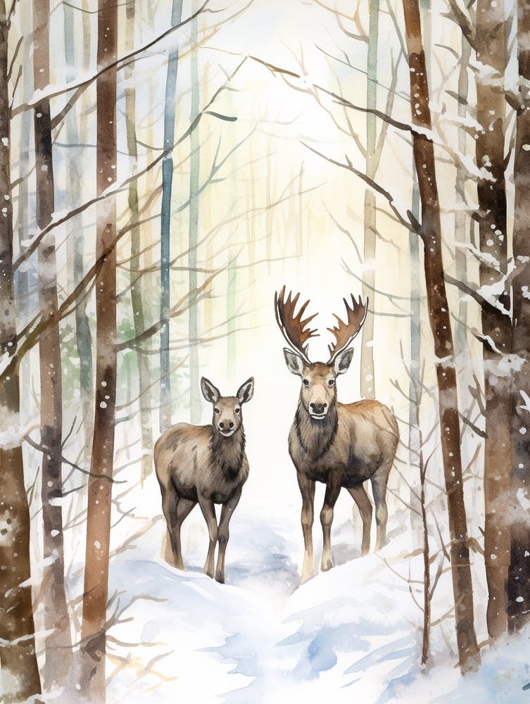 Winter Watercolour Moose 2