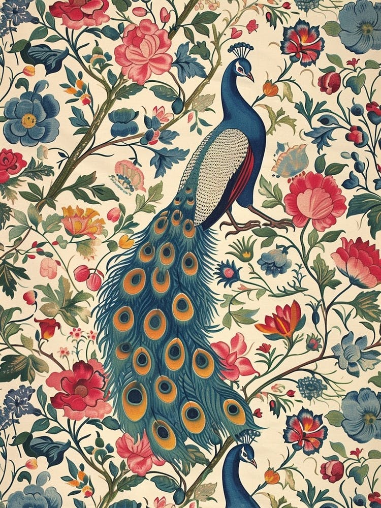 Cream & Red Peacock Wallpaper 3