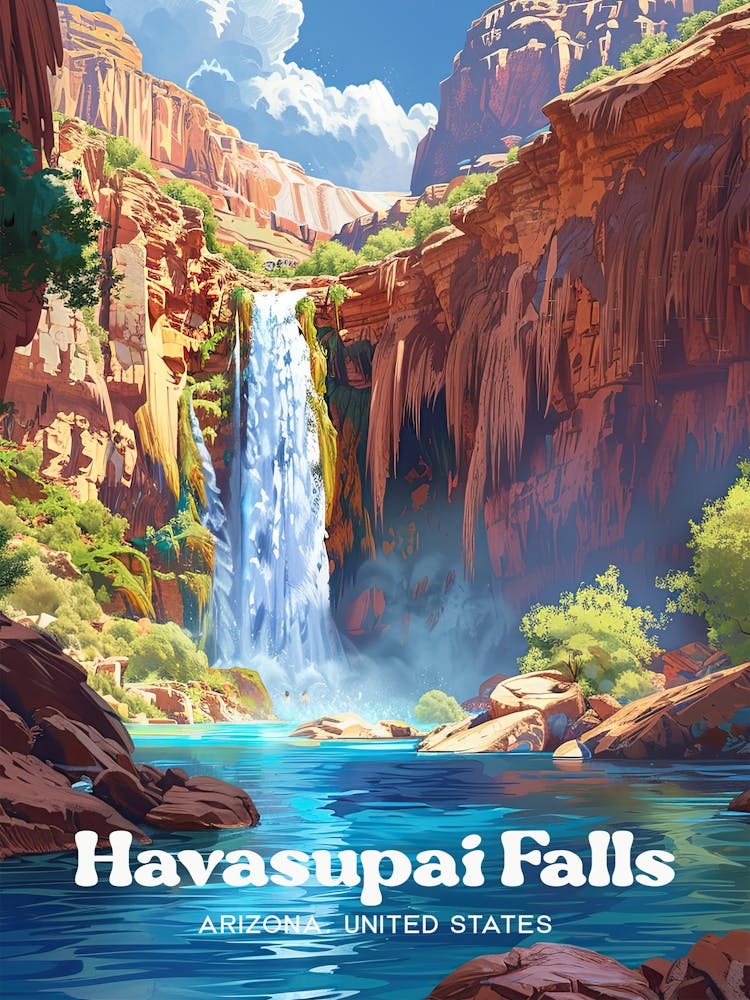 Havasupai Falls Grand Canyon Arizona Art Illustration