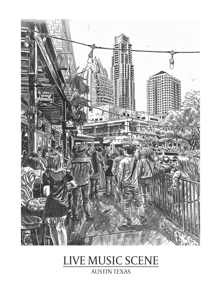 Live Music Scene Austin Texas Black And White Drawing 3 Poster
