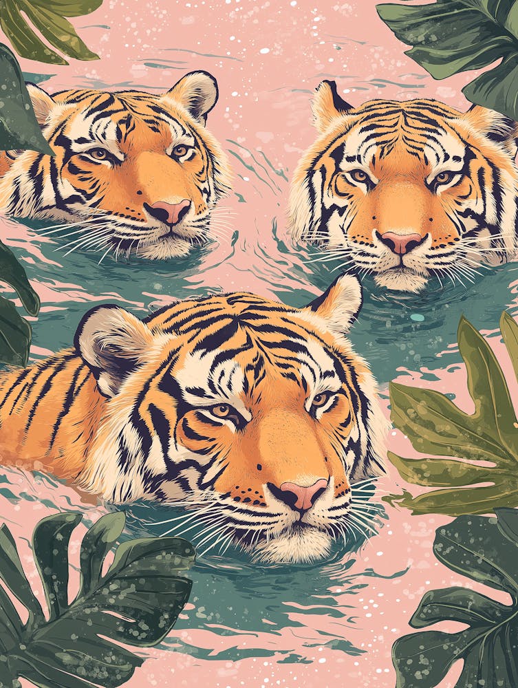 Three Tigers Swimming In The Water