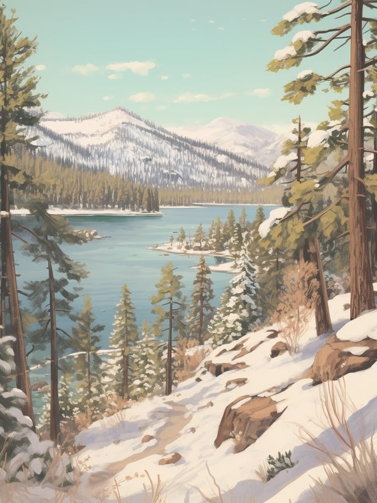 Vintage Winter Illustration Lake Tahoe Usa 1