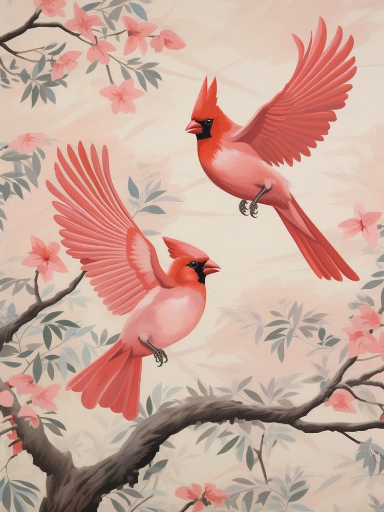 Vintage Japanese Inspired Bird Print Northern Cardinal 2