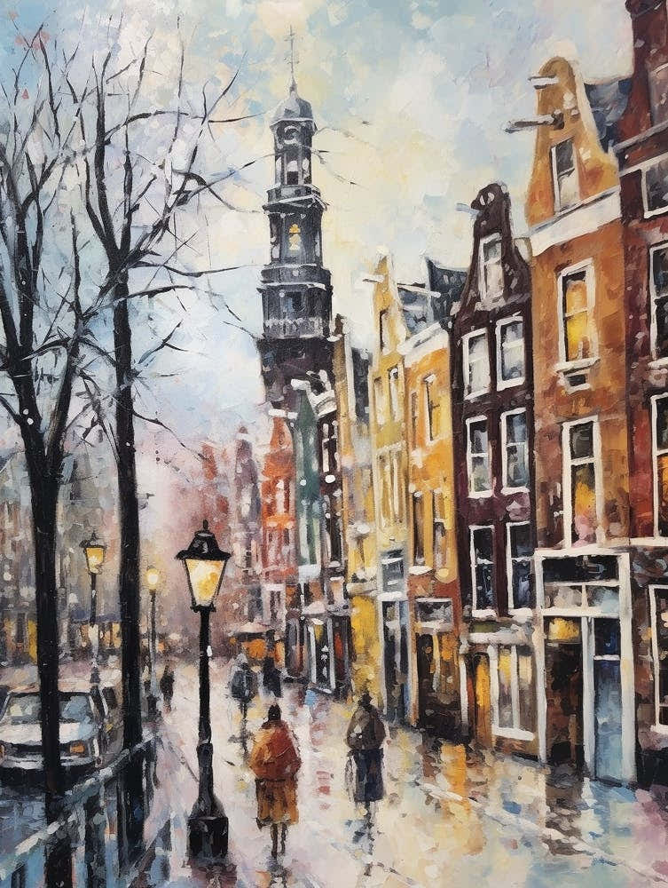 Vintage Winter Painting Amsterdam Netherlands 1
