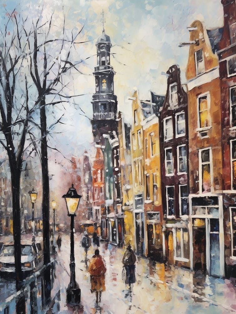 Vintage Winter Painting Amsterdam Netherlands 1