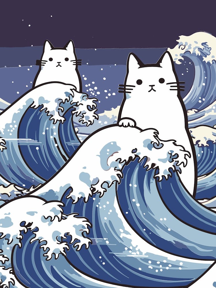 Hokusai Great Wave Cats Kawaii Cartoon