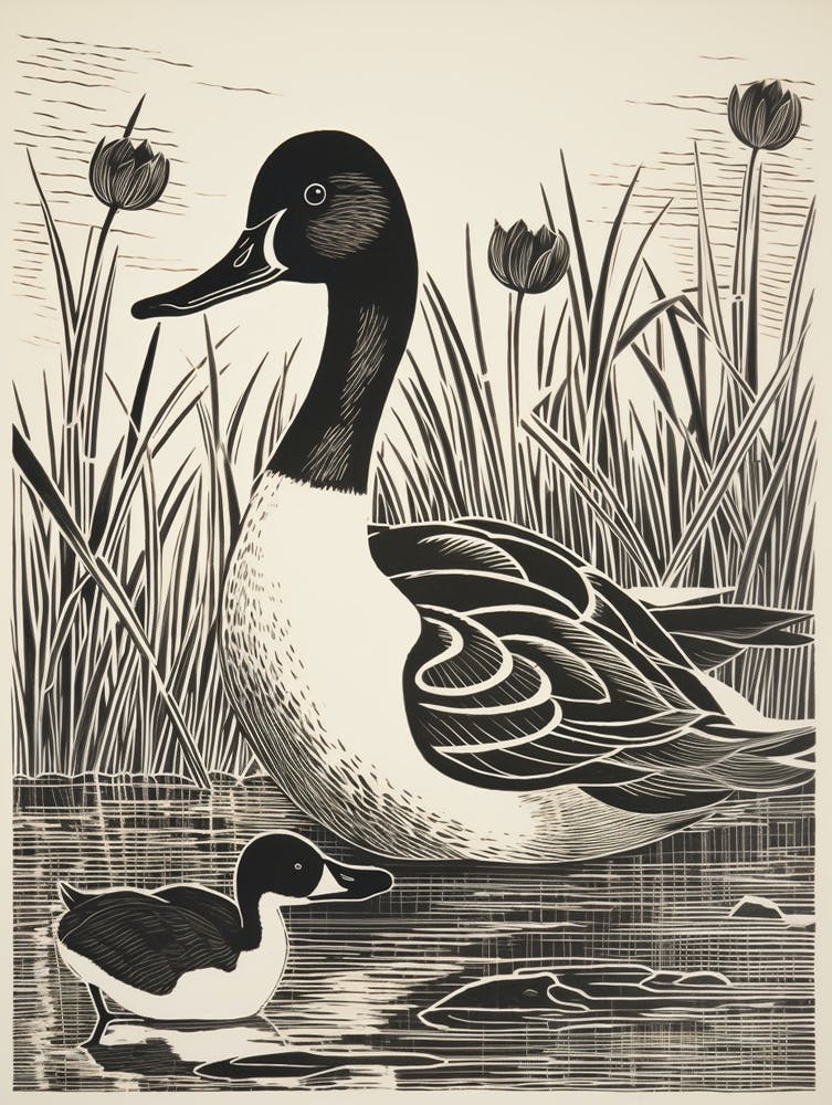 B&W Bird Linocut Canvasback 2
