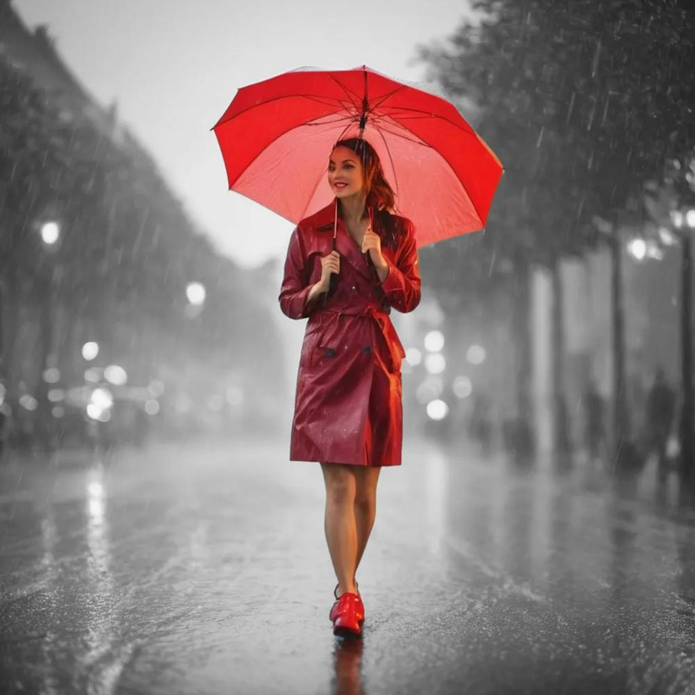 Woman In Red Coat Walking In Rain
