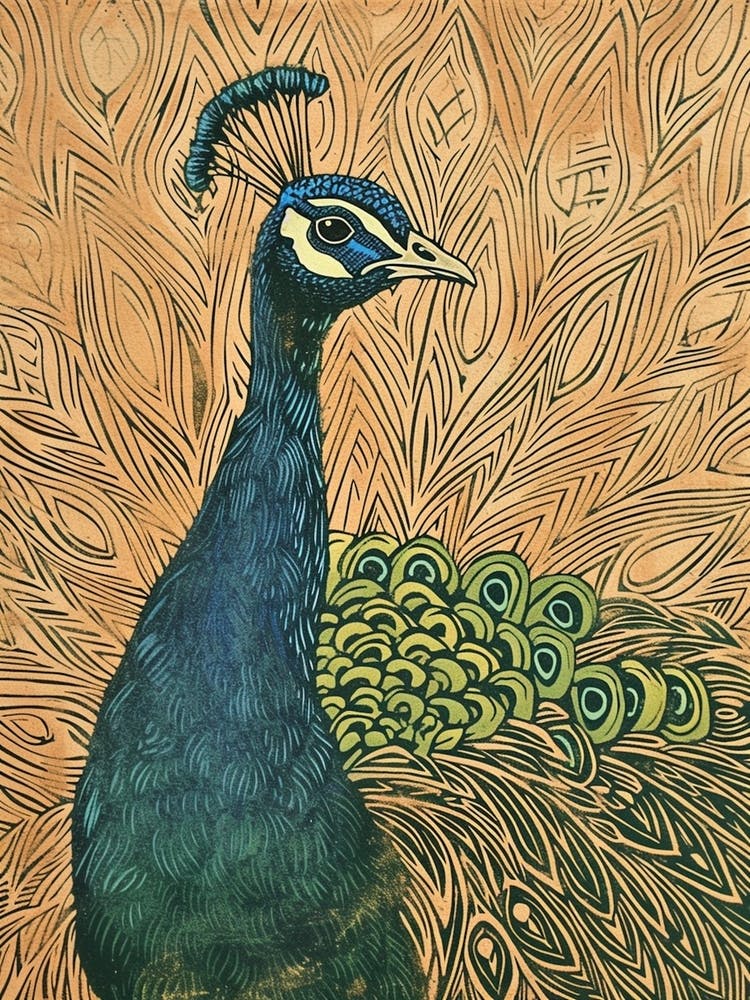 Peacock Peach Blue Linocut Inspired