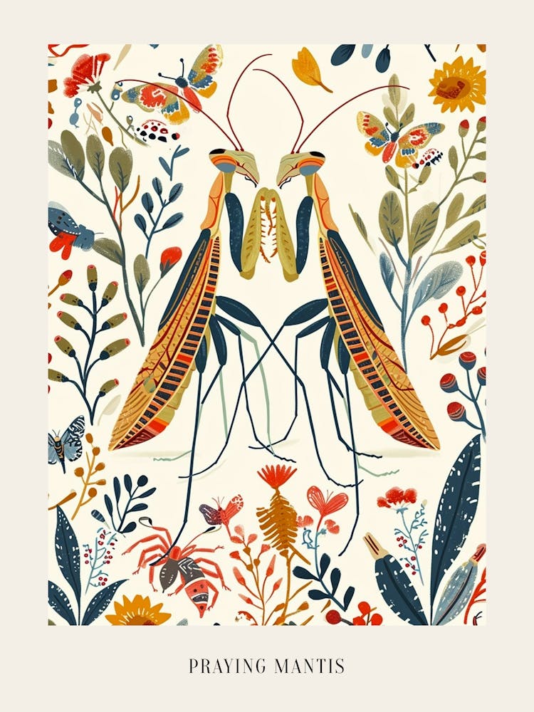 Colourful Insect Illustration Praying Mantis 11 Poster