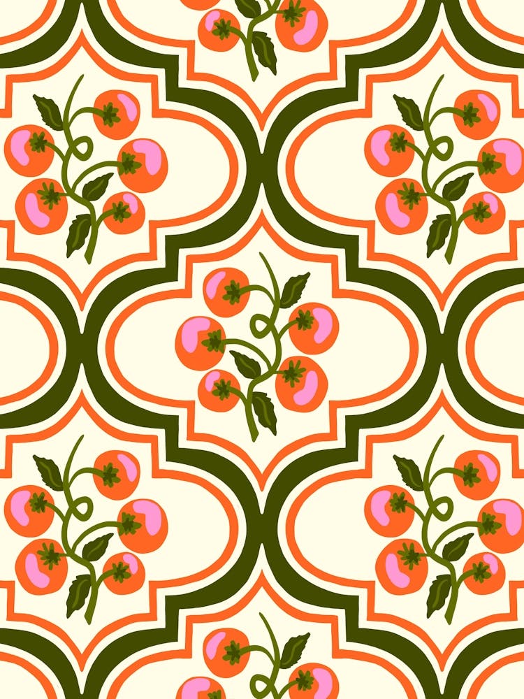 Red Tomato Vine Vintage Style Ogee - Green Red Cream White