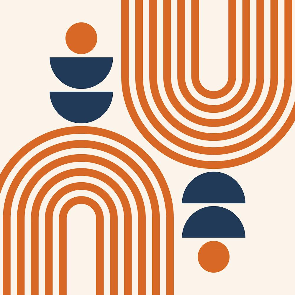 Midcentury Modern Geometric Arch Sun Abstract 4 In Navy Blue And Burnt Orange 02