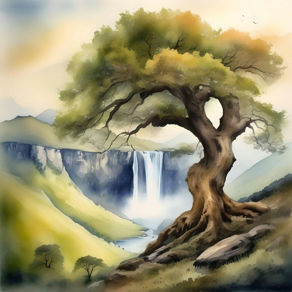 Watercolor Of A Tree And Waterfall