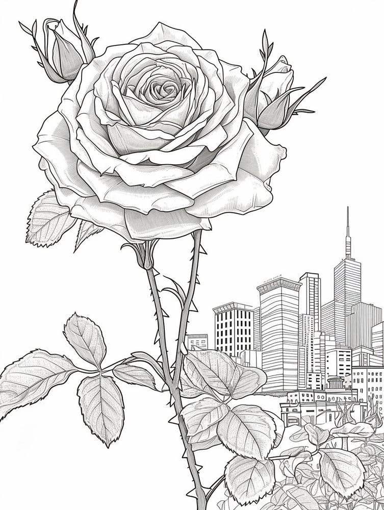 Rose Cityscape Line Drawing 3