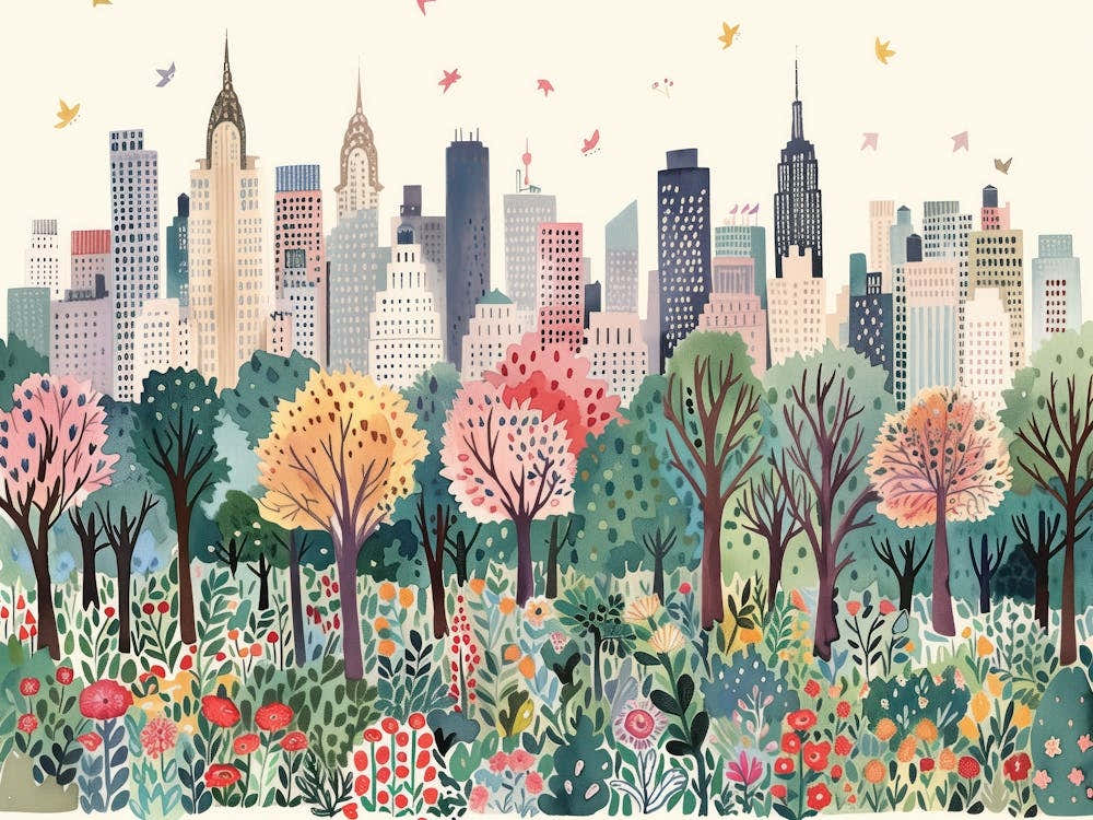 New York City Landmarks Landscape Watercolour