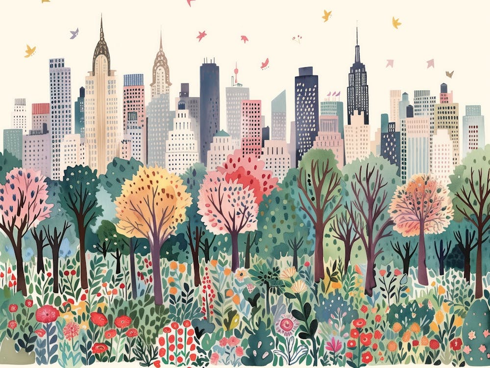 New York City Landmarks Landscape Watercolour