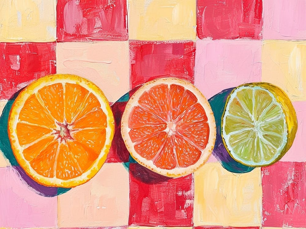 Citrus Fruits Pink Checkerboard 1