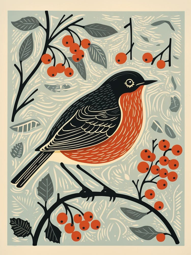 Vintage Bird Linocut European Robin 3