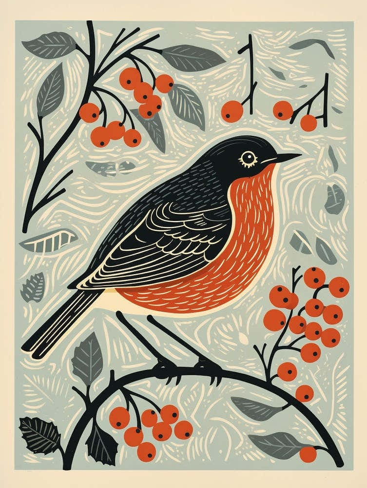 Vintage Bird Linocut European Robin 3