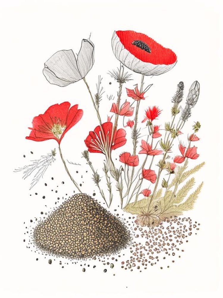 Mohnsamen, Gewürze und Kräuter Bleistiftillustration 3