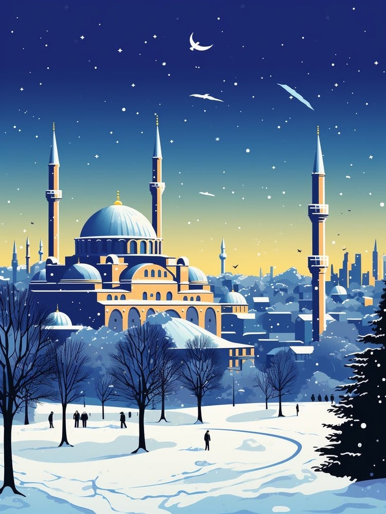 Winter Travel Night Illustration Istanbul Turkey 3