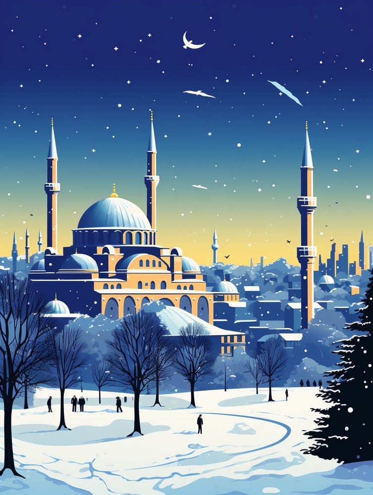 Winter Travel Night Illustration Istanbul Turkey 3