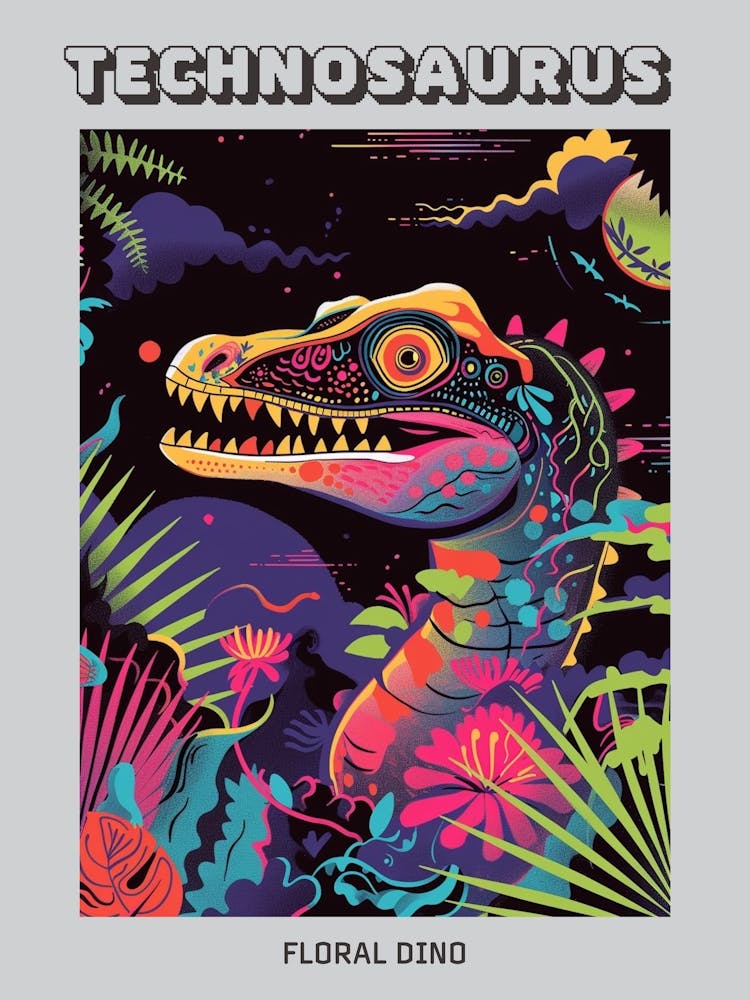 Floral Neon Dinosaur Illustration Poster