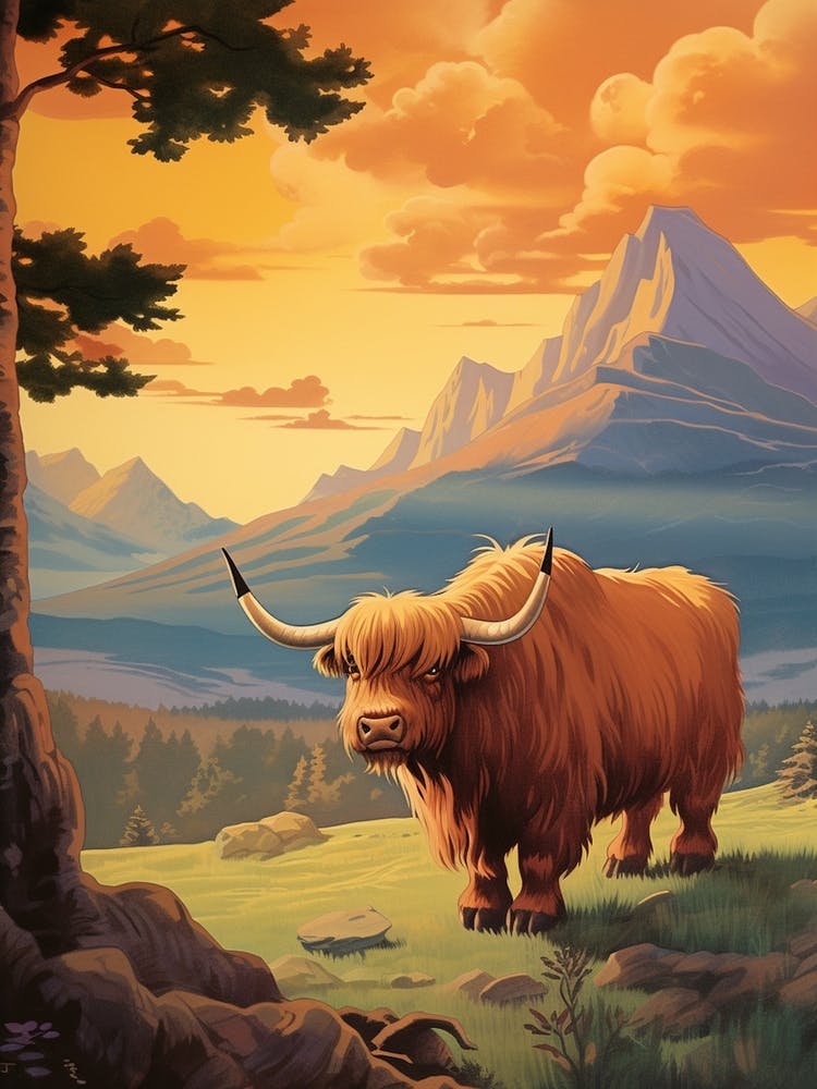 Brown Hairy Highland Cow In The Sunset 2