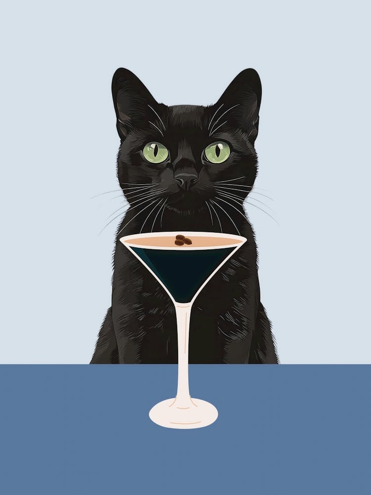 Cat with Espresso martini art in neutral and navy blue colors in a minimalist aesthetic, quirky illustration whimsical artwork ideal for kitchens, cafes, coffee bars, bar carts, fun contemporary art for an eclectic living room