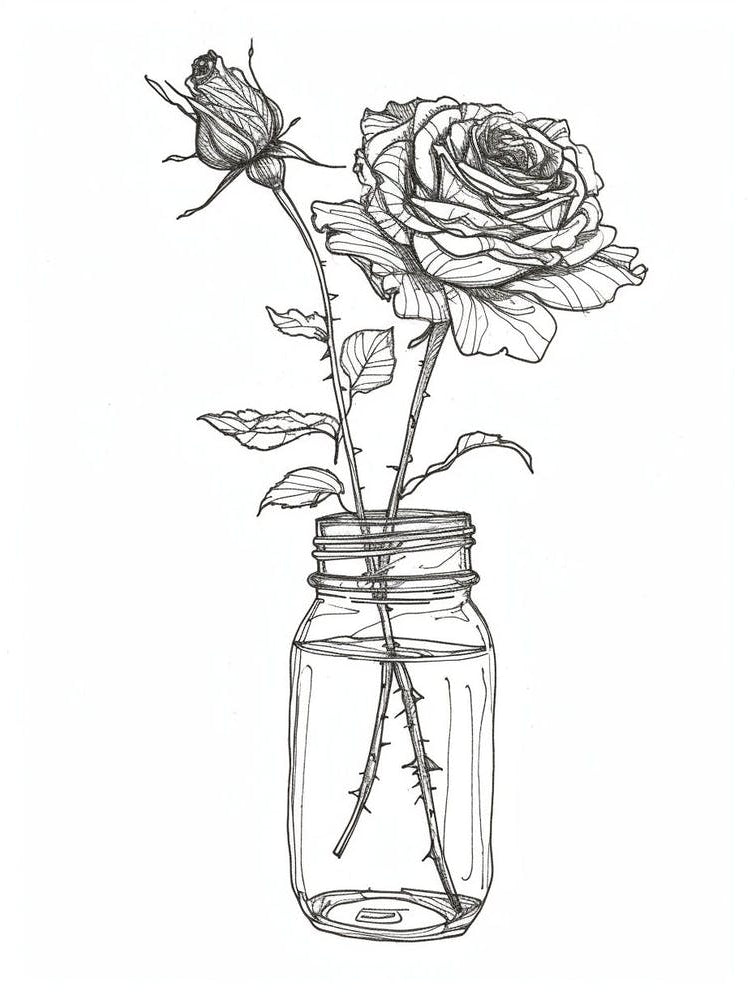 English Rose In A Jar Line Drawing 1