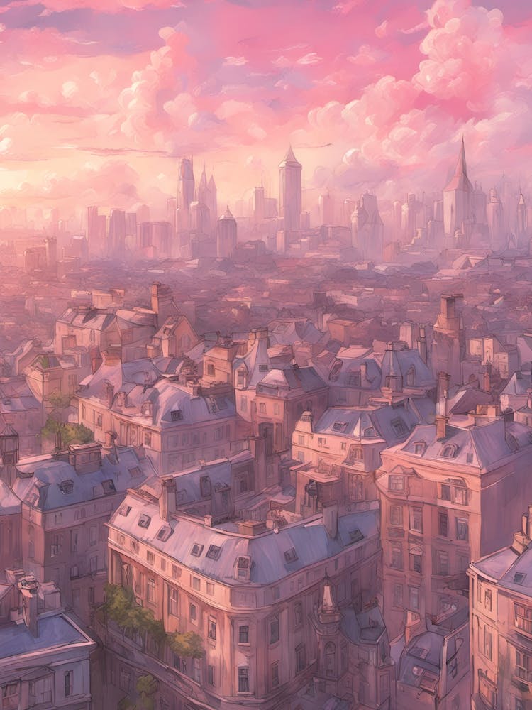 London Rooftops Pink Studio Ghibli Style Clounds Happy Evening Sunset Chill