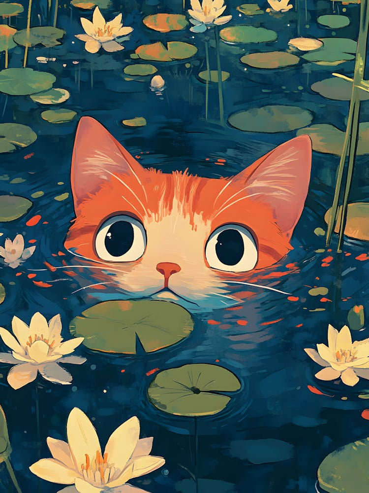 Cute Cat Swimming Among Water Lilies 13