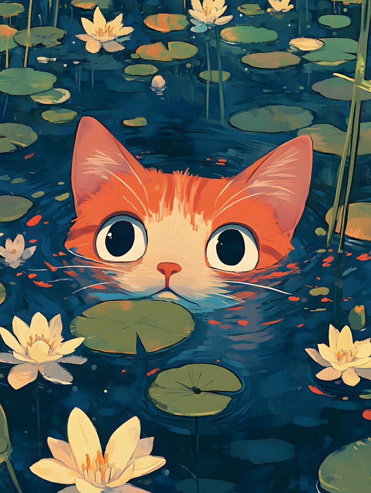 Cute Cat Swimming Among Water Lilies 13
