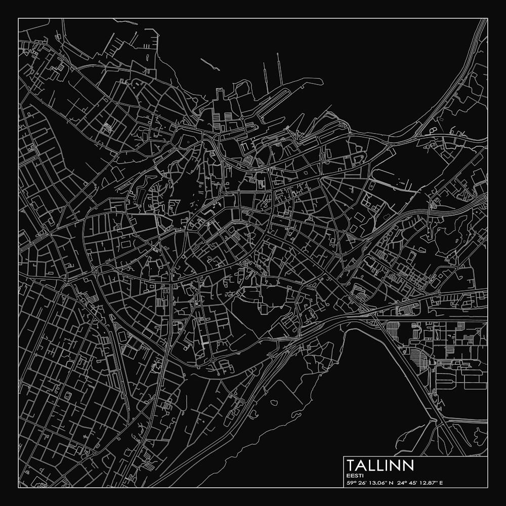 Tallinn, Eesti, City Map White On Black Blueprint Design