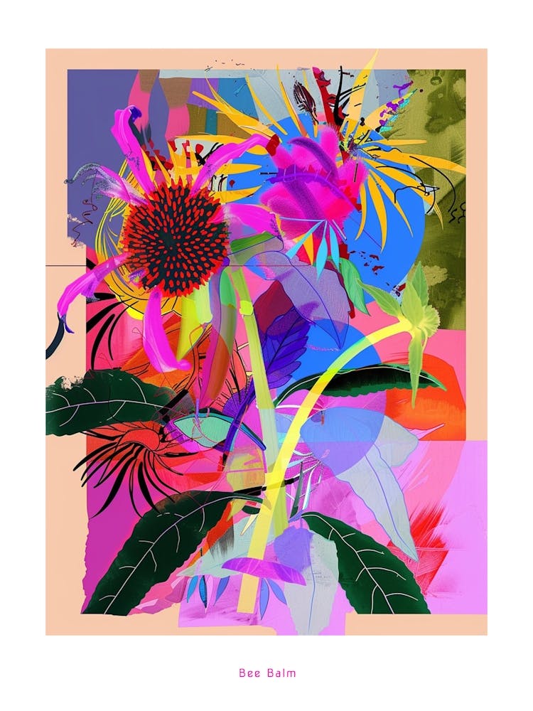 Monarde 2 Affiche Collage de Fleurs Néon