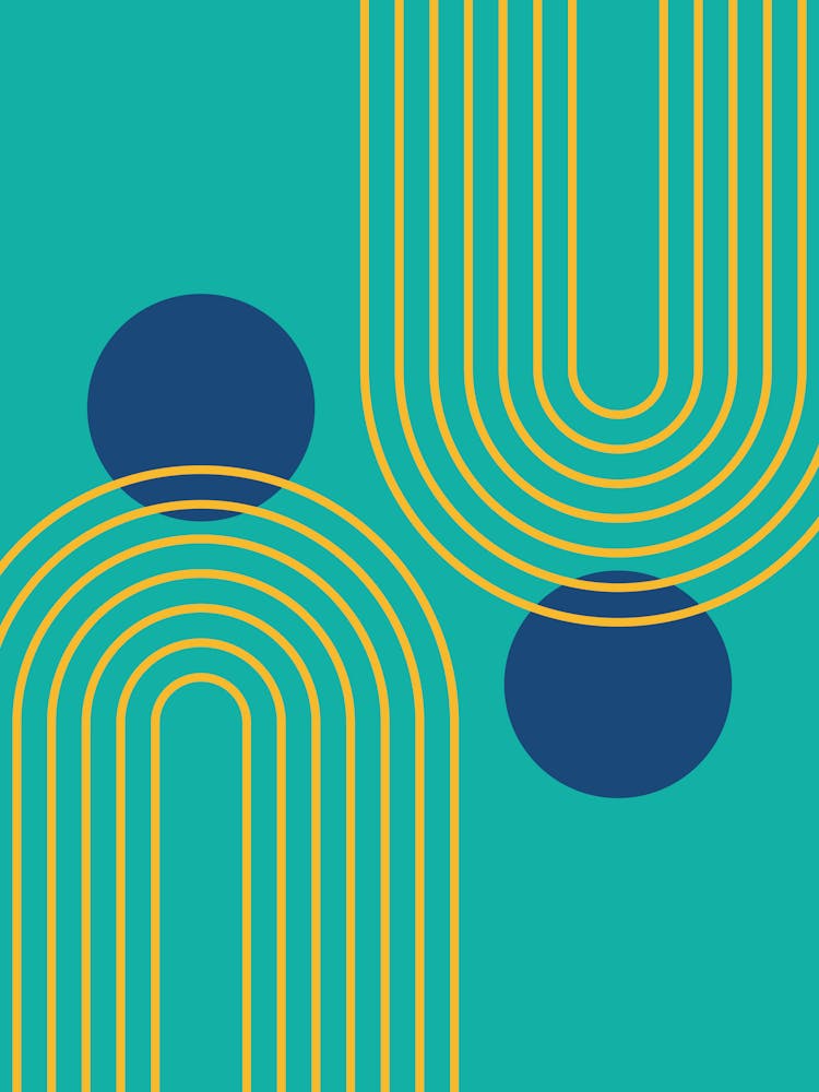 Mid Century Modern Geometric cI in Cottage Teal Navy Blue Mustard Yellow (Rainbow and Sun Abstraction) 2