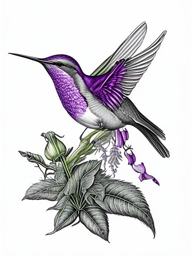 Violet Crowned Hummingbird Vintage Botanical Line Drawing