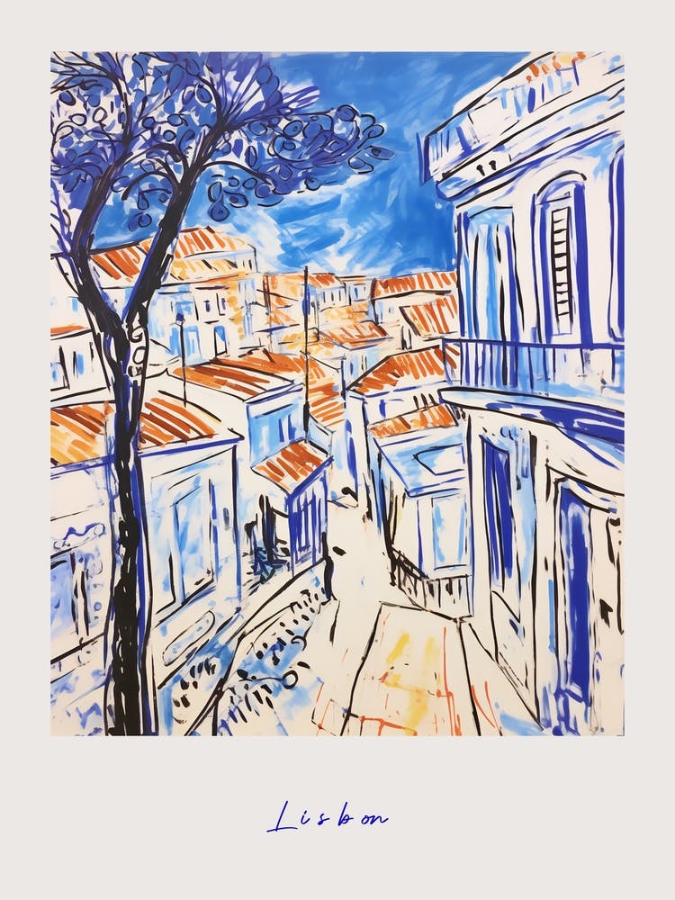 Lisbon Portugal 2 Mediterranean Blue Drawing Poster