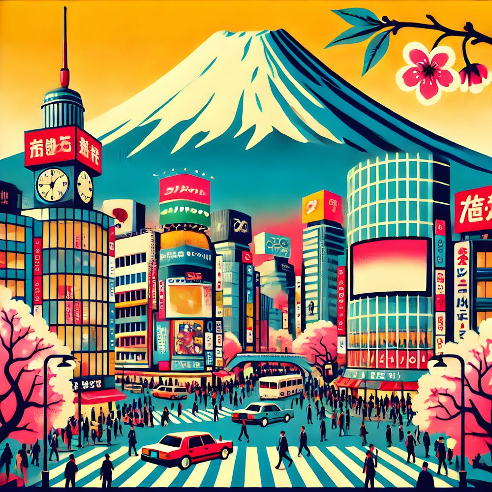 Tokyo Retro Futuristic Art Vibrant Shibuya Crossing & Mount Fuji Illustration