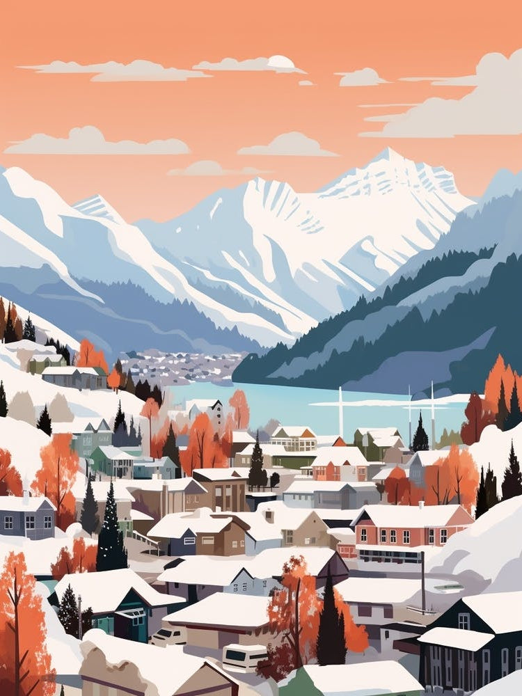 Vintage Winter Travel Illustration Queenstown New Zealand 2