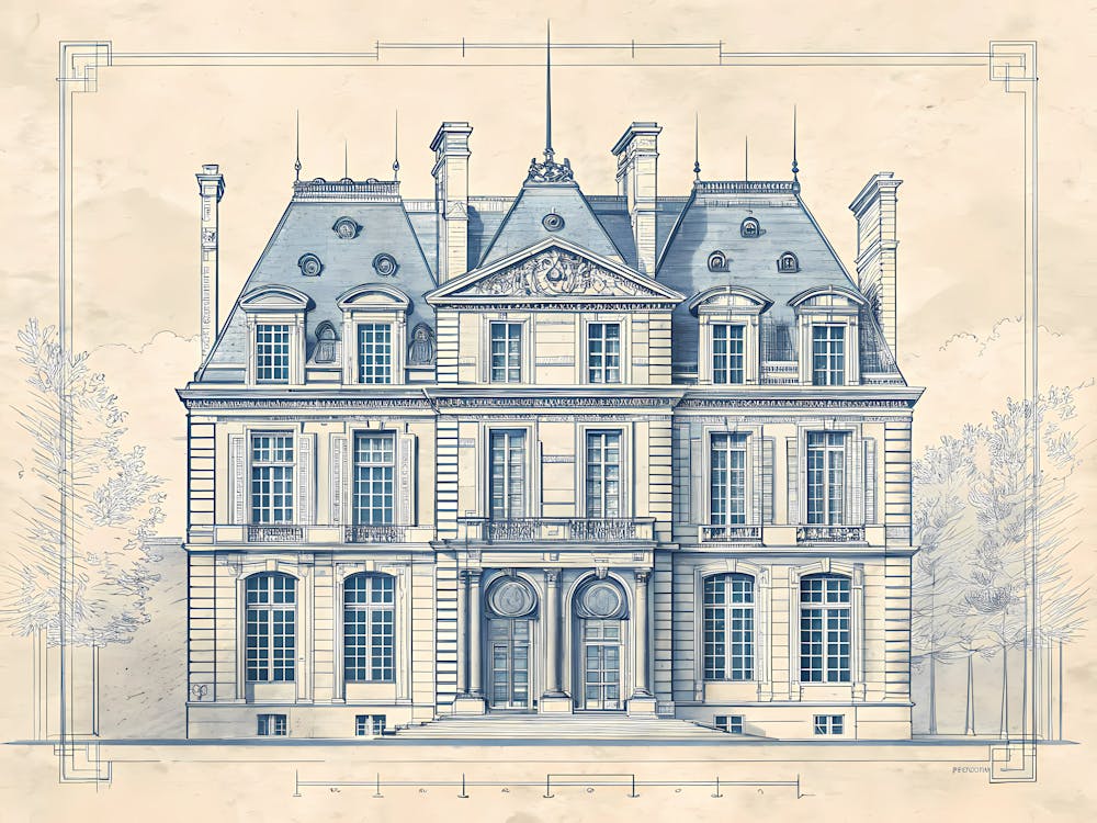 Minimalist Ink Sketch Of Old World Blueprint Style