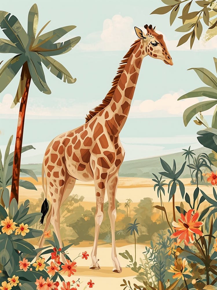 Giraffe In The Grass Colourful Illustration 1